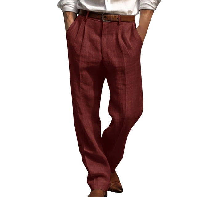 cllios Cotton Linen Pants for Men Pleated Front Trouser Straight Leg Suit Trousers Solid Color Office Trouser Lightweight Linen Pant