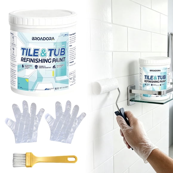Bathroom Tile & Tub Refinishing Paint Kit 10.6oz Water-Based White Coating, Durable Ceramic Porcelain Paint for Small Bathrooms, Low-Odour DIY Remodel with Brush & Gloves, White, By Harlik