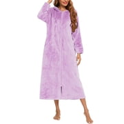 Womens Housecoat Fleece Hooded Robes, Zip up Front Long Bathrobe, Soft Winter Warm Robes Loungewear Flannel Nightgowns Purple S