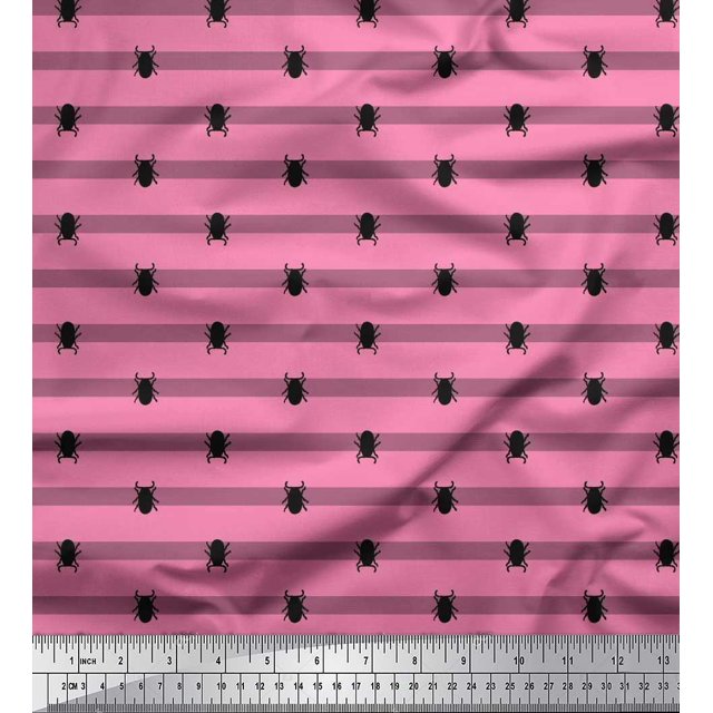 Soimoi Pink Crepe Silk Fabric Stripe & Beetles Insects Print Sewing Fabric Yard 42 Inch Wide