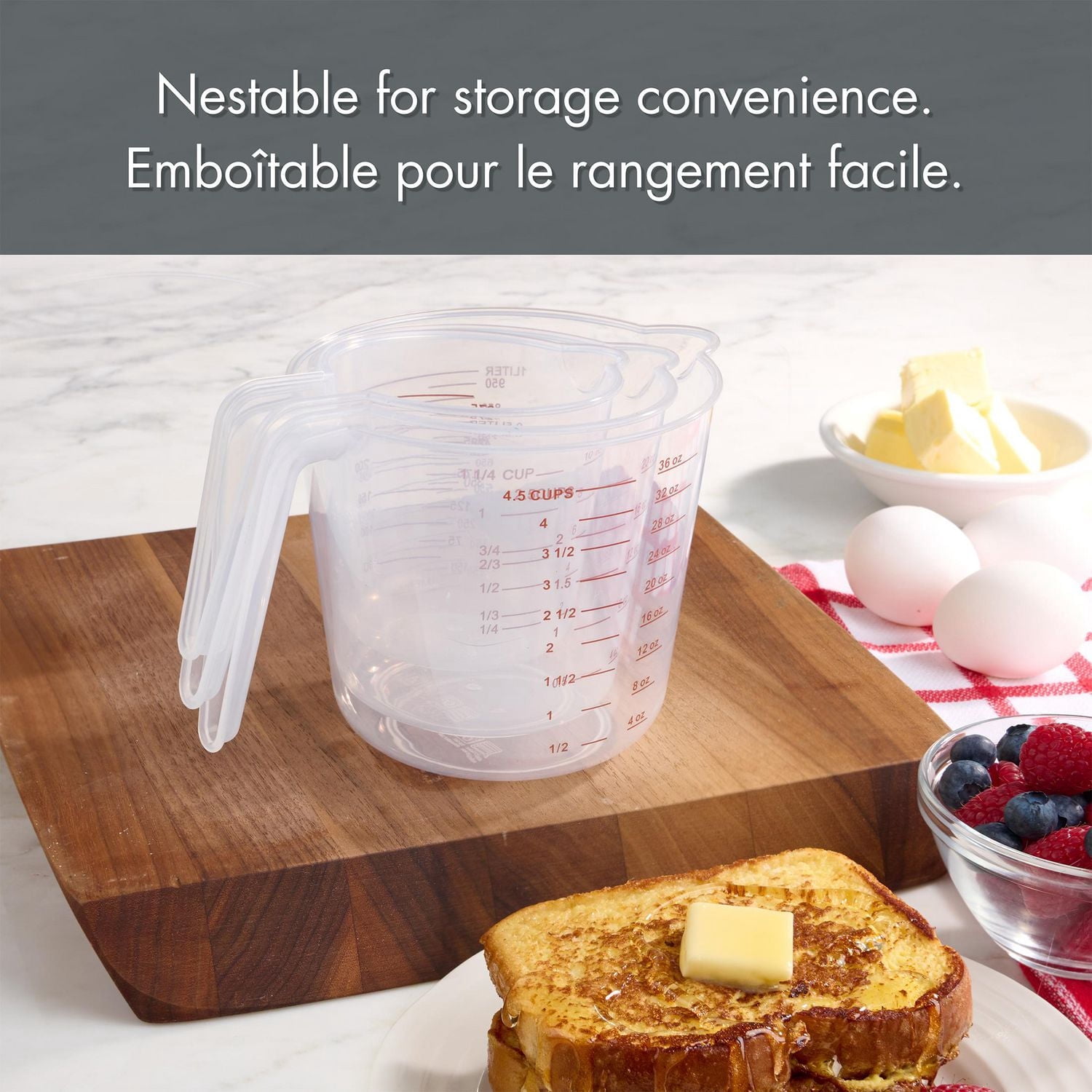 Mainstays Ensemble de tasses à mesurer en plastique de 3 pièces, transparent, avec becs verseurs et design compact