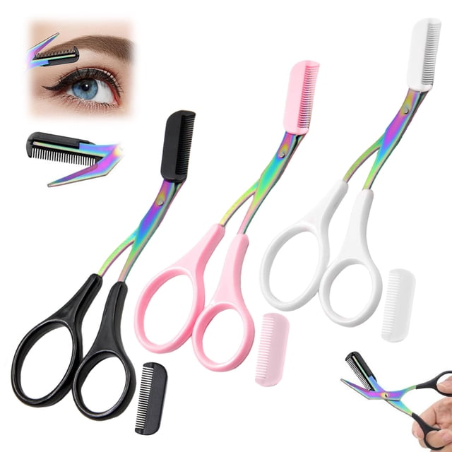 Dvkptbk Eyebrow trimmer 3PCS with precision eyebrow trimming scissors in black, pink, and white. Features stainless steel blades, ergonomic handles, and comb attachments for safe and effective hair removal. Ideal for personal care and grooming routines.