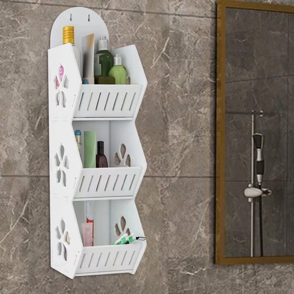 mtvxesu 3-Tier Wall Mounted Storage Rack, Pvc Bathroom Shower Kitchen Organizer Shelf with Hooks, Adhesive No-Drill Space Saver, 1 Count
