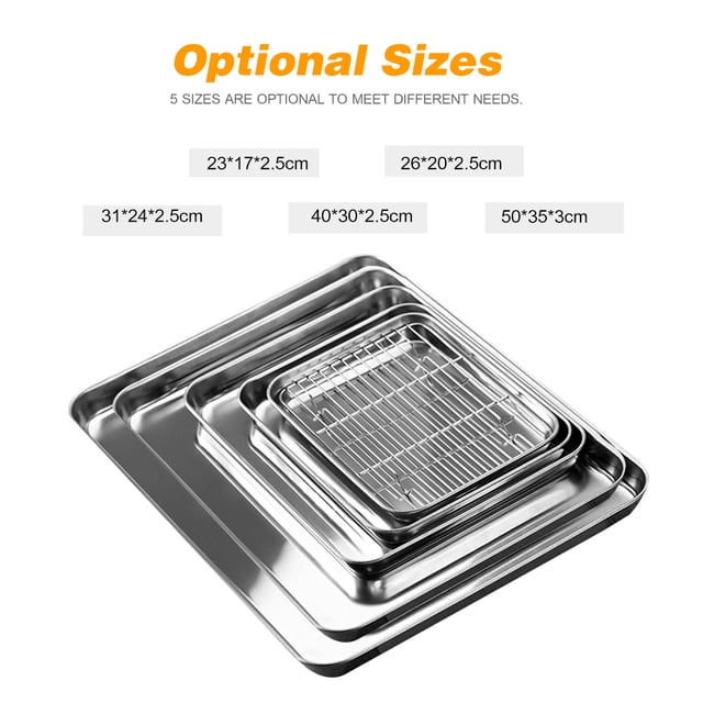 Stainless Steel Flat Bottom Baking Tray with Mesh Set Square Barbecue Plate with Cooling Rack Drip Pan Baking Plate Barbecue Tray Bakeware (31*24*2.5cm)