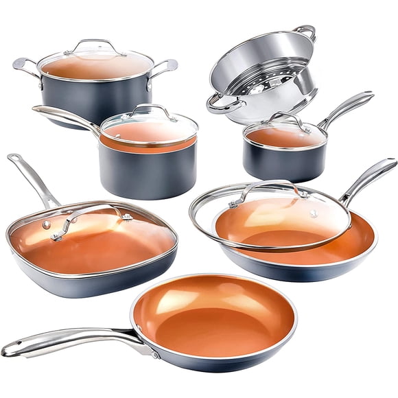 Gotham Steel Copper 12 Piece Ceramic Nonstick Aluminum Cookware Set, Oven Safe to 500°F, Dishwasher Safe