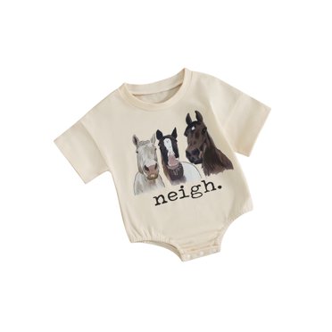 EYIIYE Barboteuse d'Été pour Bébés Filles Garçons 3M 6M 12M 18M Nouveau-Né Combinaison à Manches Courtes T-shirt Col Ras du Cou Barboteuses Imprimé Tête de Cheval avec Lettres Justaucorps Décontracté Tout-Petit Quotidien Vêtements Amples