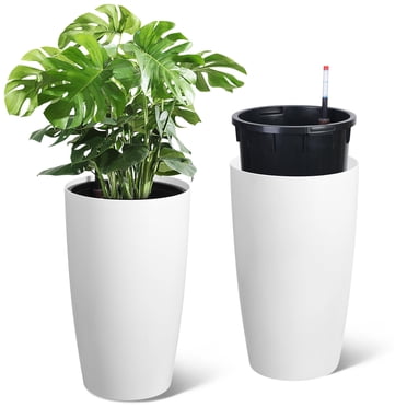 Self-Watering Planters – Set of 2 Tall 22" White – Built-in Drainage & Water Monitor – Indoor/Outdoor – Patio, Porch & Living Room – Plastic with Handle