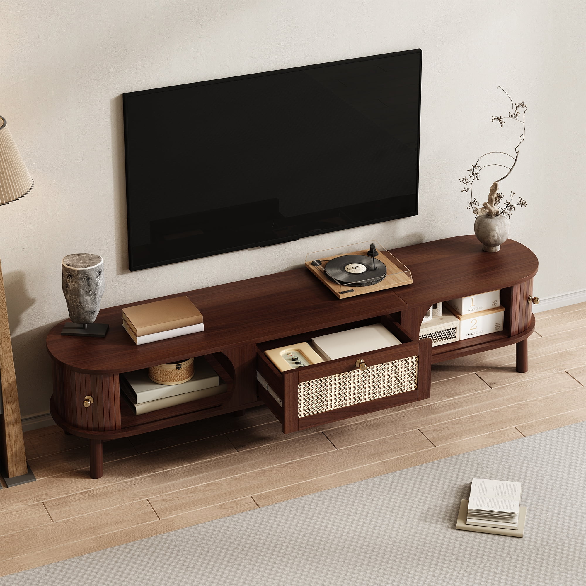Noble House Meuble TV avec Portes à Lattes en Bambou et Tiroirs en Rotin, Solution de Rangement pour Console Multimédia Rustique, Naturel