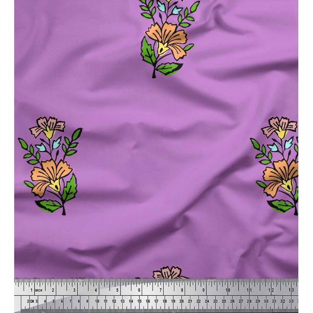 Soimoi Polyester Crepe Fabric Leaves & Floral Block Print Fabric by The Yard 52 Inch Wide
