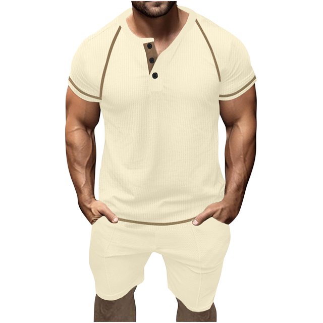 Birdeem Ensembles pour Hommes Chemise et Shorts Mode Décontractée Couleur Unie Blouses Courtes Col Rond Ensembles