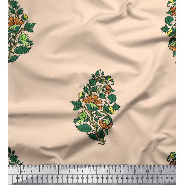 Soimoi Poly Georgette Fabric Leaves & Floral Block Print Sewing Fabric Yard 52 Inch Wide