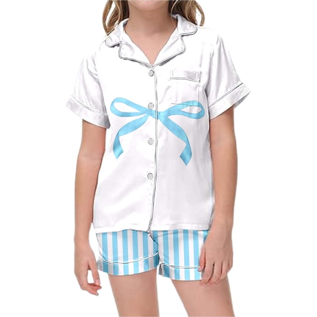 Ensemble de Pyjama pour Filles à Imprimé Rayé, Manches Courtes, Shorts, Confortable, Décontracté, Tenue de Nuit pour Enfants, Été, Tout-Petits, Tenue de Nuit
