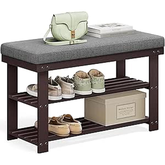 SONGMICS Bamboo Shoe Bench, 2-Tier Shoe Rack, 11.4 x 28 x 19.3 Inches, Brown and Gray