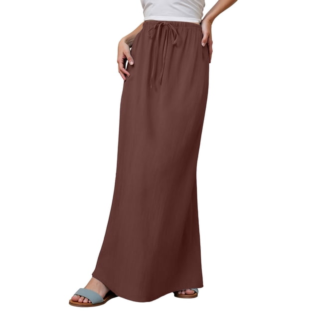 GPOECD Linen Maxi Skirts For Women Summer Comfortable Drawstring Waist A Line Boho Long Flowy Skirt