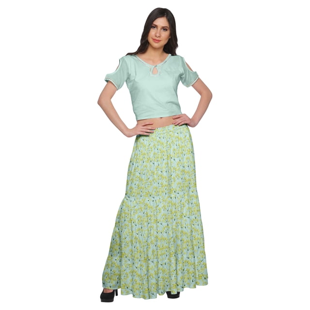 Moomaya Printed Two Piece Flared Skirt And Crop Top Rayon Ethnic Set For Girls