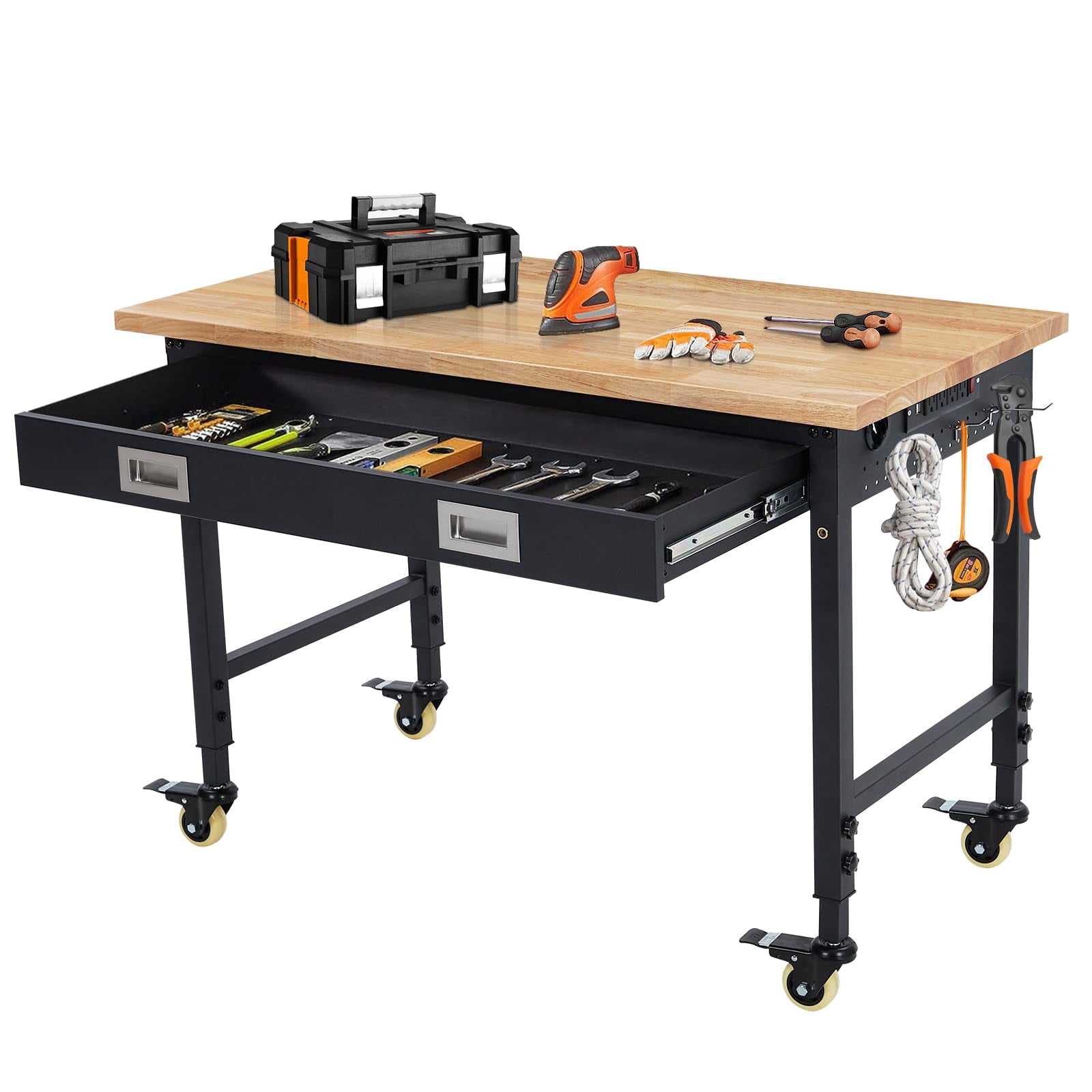 2025 New Adjustable Workbench for Garage, 48" x 24" Workbench, 2000 Lbs Capacity, Rubber Wood Workstation w/ 4 Rolling Casters, Heavy Duty Work Table with 2 USB & 4 AC Outlets