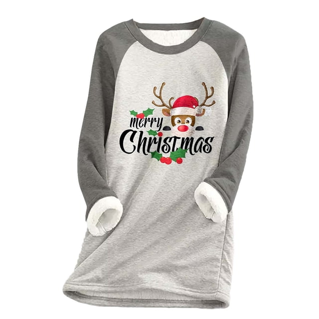 Tenues d'Hiver pour Femmes Col Rond Imprimé de Noël Léopard Patchwork Velours Chaud Manches Longues Hauts Tenues de Plage Vacances pour Femmes en Liquidation