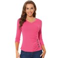 thumbnail image 1 of INSPIRE CHIC Women's V Neck 3/4 Sleeves Solid Knitted Buttons Decor Ruched Top Small Hot Pink, 1 of 5