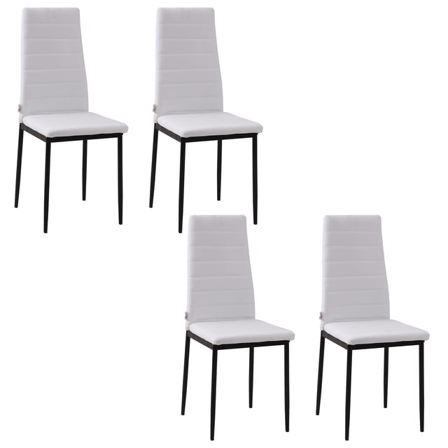 HOMCOM Ensemble de 4 Chaises de Salle à Manger, Chaises d'Appoint Rembourrées en Tissu de Lin Blanches Orientées vers l'Avant avec Quatre Chaises de Salle à Manger Sans Accoudoirs à Dossier Haut avec Rembourrage en Lin Blanc, Dos Capitonnés à Canaux, Sièges Rembourrés et Pieds en Acier Enduit de Poudre; silhouette Compacte de 16,1 Pouces L avec Dossiers Hauts à Soutien Lombaire, Présentée sur un Fond Neutre pour les Sièges de Cuisine et les Petits Espaces de Repas, Souvent Utilisée comme Siège Supplémentaire pour les Invités.