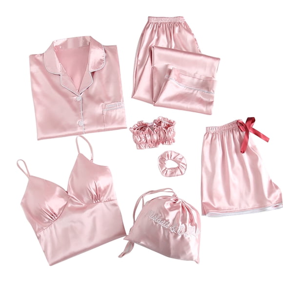 Teissuly Womens Pajamas Homewear Pajamas Sets Faux Silk Pyjama Nightwear Sleepwear Seven PC Sets