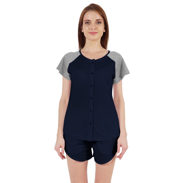 Inkmeso Solid 2 Pc Nightwear Set For Women Raglan Sleeves Button-Down Top & Shorts Sleepwear-79