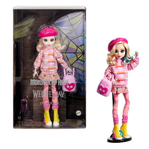 Monster High Enid Sinclair Poupée à collectionner dans une tenue rose avec béret et sac à dos, socle pour poupée