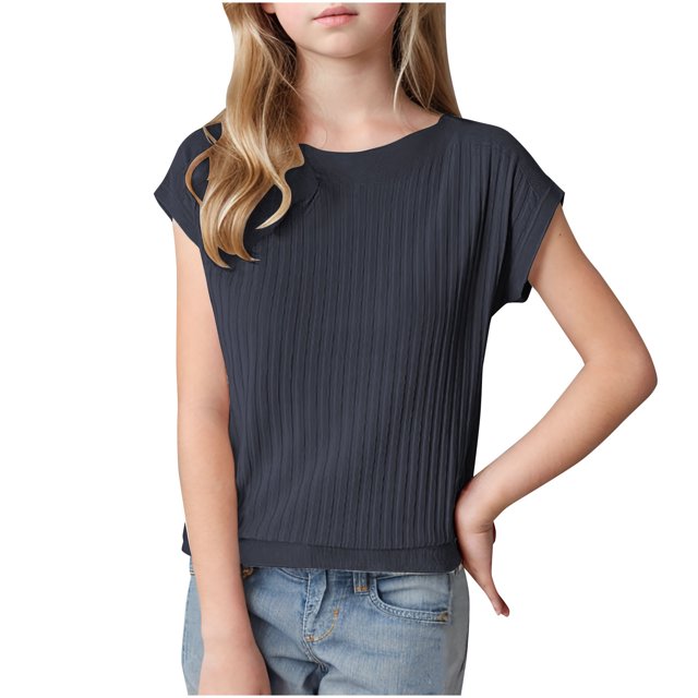 LLYWEY Girls Ribbed Sweaters , Casual Loose Cap Sleeve Round Neck Pullover Tops Fall Shirts, Gray, L