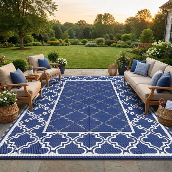 Oversized Reversible Outdoor Rug 9x18ft–Plastic Straw Patio Mat with Water-Resistant and UV-Resistant Features-Foldable,Easy-to-Clean Design for RV,Deck,Porch,Balcony and Backyard,Navy Blue/White