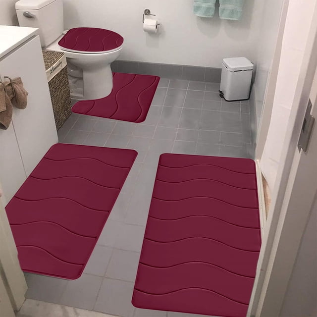 Cagogo under $5 4-Piece Wave Bath Mat, Foam Bath Mat 4 Set Complete,Bathroom Rugs Toilet Mats Collection,Soft Comfortable Water Absorption Mats,Non-Slip Thick Machine Washable Dark
