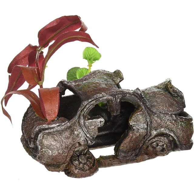 Penn Plax Car Wreck Small with Plant aquarium ornament featuring a hand-painted small sunken car wreck with detailed rust texture and attached silk-look red and green aquarium plants, suitable for enhancing fish tank décor and aquatic habitats.