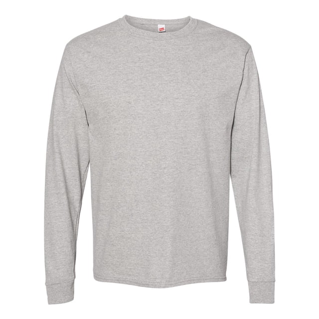 Hanes ComfortSoft® long sleeve men's t-shirt in a neutral grey colour. Features a crew neckline, ribbed cuffs, and a relaxed fit. Made from soft, breathable fabric for everyday comfort, ideal for men's casual wear.