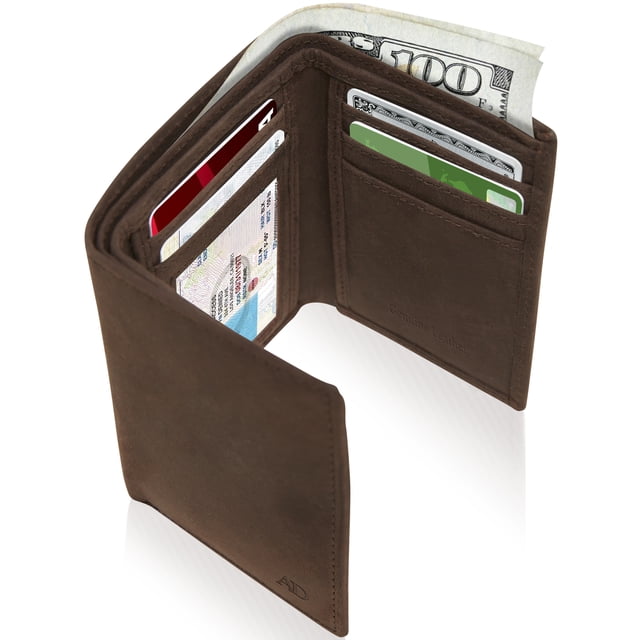 Trifold Wallets For Men RFID - Leather Slim Mens Wallet with ID Window and front pocket design. Made of genuine full-grain leather in a smooth brown finish, this wallet features RFID blocking technology to protect against electronic theft. The interior includes 7 credit card slots, 3 slip pockets, 2 cash compartments, and a transparent ID window. Compact and slim, it measures 4.5 x 3.25 inches and fits conveniently in front or back pockets. Shown open with cards, cash, and ID inserted.