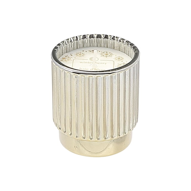 4.6Oz Ribbed Gold Electroplated Scented Candle (Winter Berry) showing a ribbed gold electroplated glass jar with white wax and centered wick, labeled with winter berry scent and snowflake designs, ideal for indoor Christmas decoration and uplifting home aroma, also suitable as a gift.