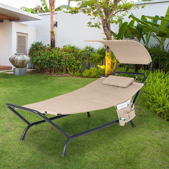 Costway Patio Hanging Chaise Lounge Chair with Canopy, Cushion, Pillow & Storage Bag Beige