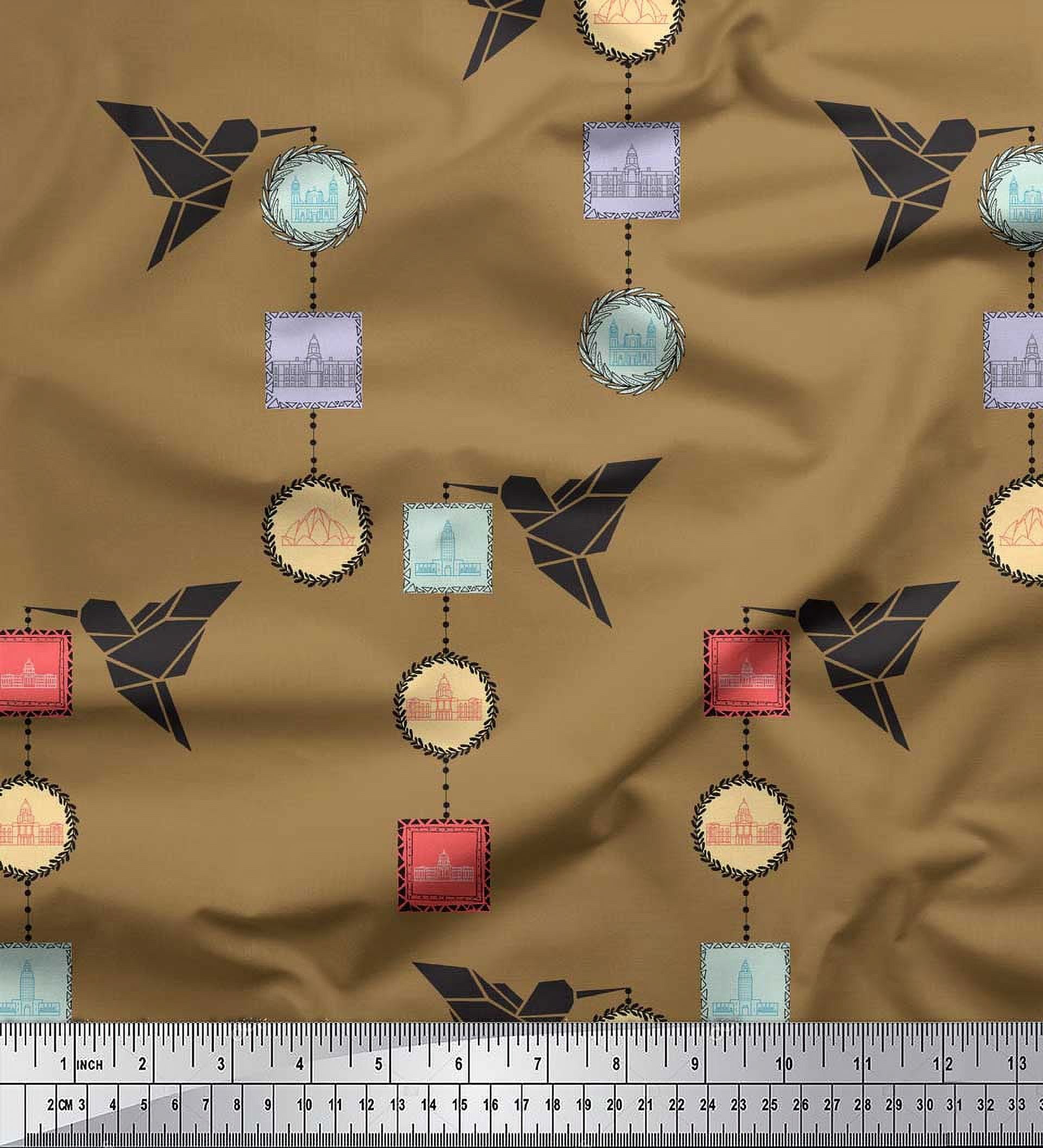 Soimoi Brown Silk Fabric Architectural Frame & Paper Bird Art & Craft Print Sewing Fabric Yard 42 Inch Wide