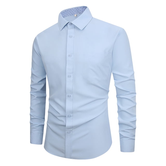 RXIRUCGD Men Casual Solid Button Long Sleeve Turn-down Collar Tops Blouse Shirt, Light Blue, Size: S
