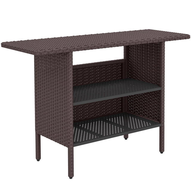 Outsunny Table de Bar en Rotin de 55 Pouces avec 2 Tablettes de Rangement et Cadre en Acier. Cette Table de Bar Rectangulaire d'Extérieur Présente une surface en Osier de Rotin PE Tressée à la Main en Brun, Soutenue par un Cadre en Acier durable avec Fini Enduit de Poudre. Elle Comprend Deux Tablettes Ouvertes pour Ranger des Bouteilles, de la Verrerie Ou des Ustensiles, Ce Qui la Rend Idéale pour les patios, les Jardins Ou les Cours Arrière. Dimensions : 55.1 Pouces L x 18.5 Pouces L x 37 Pouces H.
