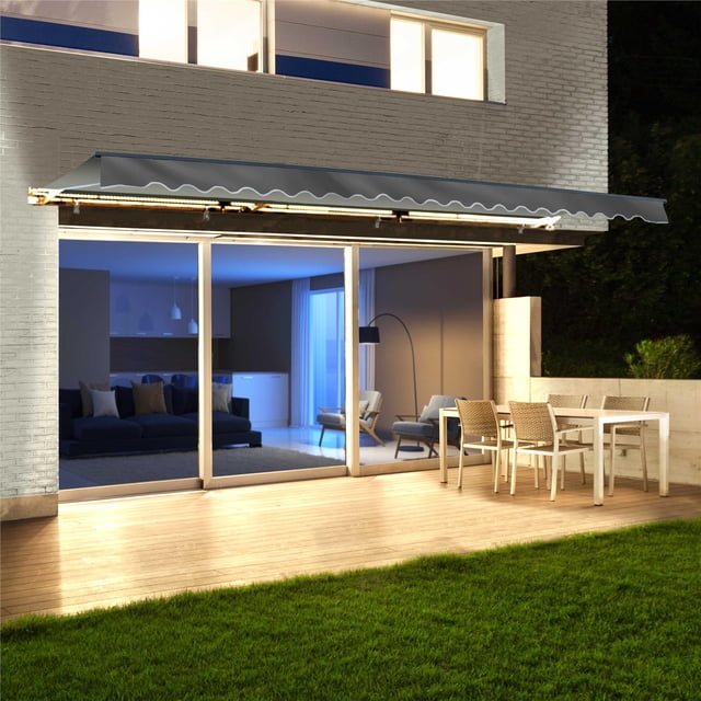 ALEKO AWCL13X10GY80 Auvent de Patio Rétractable Motorisé à Demi-Cassette à DEL, 13 x 10 Pieds, avec Tissu polyester Gris et Cadre en Acier et Aluminium Enduit de Poudre Gris Foncé. Monté sur un Patio, Il Offre de l'Ombre Extérieure sur une Salle à Manger, avec Lumières DEL Intégrées Offrant Trois Réglages de Luminosité Réglables. Comprend un Fonctionnement Motorisé et une Manivelle Manuelle pour la Rétraction.