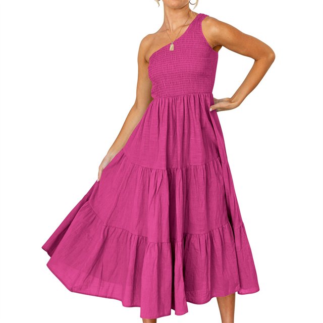 Robe Longue Femme Décontractée Plissée Midi Fête Danse Plage Vacances Bureau Mode Été Rose Rouge S