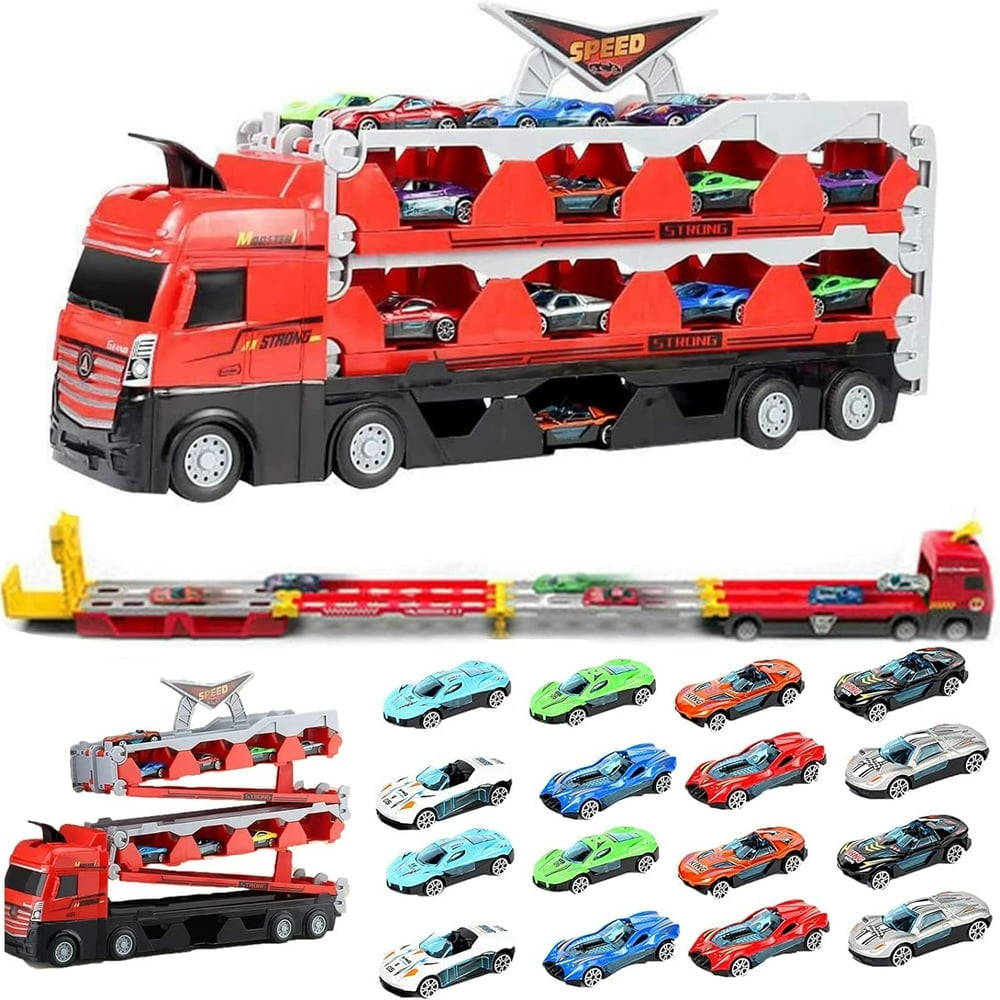 Dcceeo Camion Transporteur Voiture, Transporter Truck Cars Jouets pour Garçons de 3, 4, 5, 6 Ans Camion de Course Pliable Double Couche avec 10 Petite Voiture Cadeaux Jouets pour Enfants 3 4 5 6 Ans