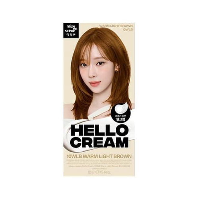 Hello Cream Hair Color (10WLB-Warm Light Brown) packaging showing a model with shoulder-length warm light brown hair, cream texture semi-permanent hair dye by Miseenscéne, formulated for scalp care and easy application.