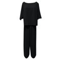 thumbnail image 4 of Womens Pants Suit Round Neck Short Sleeve Solid Color Tops Wide Leg Pants Ladies Summer Casual Pants Set, 4 of 4