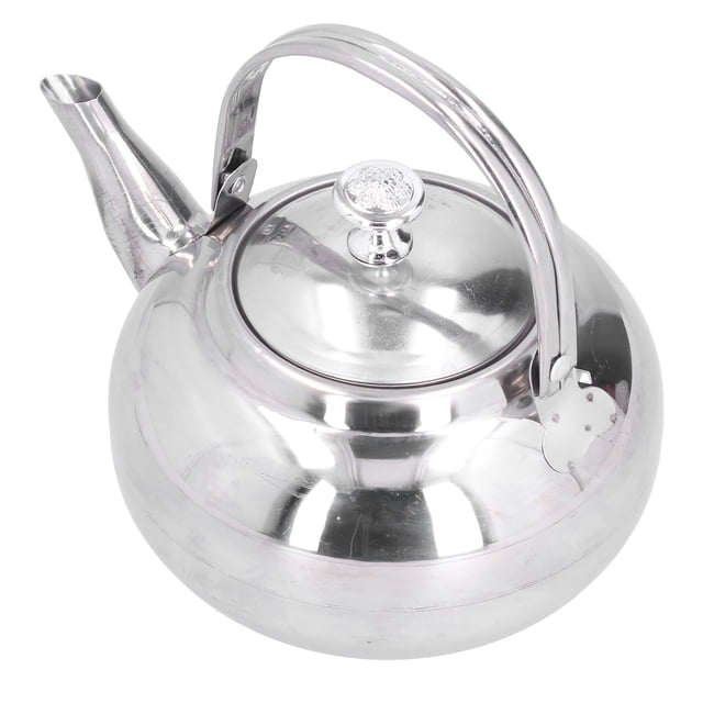 Stainless steel teapot with filter, featuring a polished silver finish and a detachable lid. The teapot includes a curved spout, ergonomic handle, and tea strainer, ideal for tea brewing or coffee preparation at home or in restaurants. Suitable for use on gas stoves, induction cookers, and rice cookers, making it a versatile addition to drinkware collections.