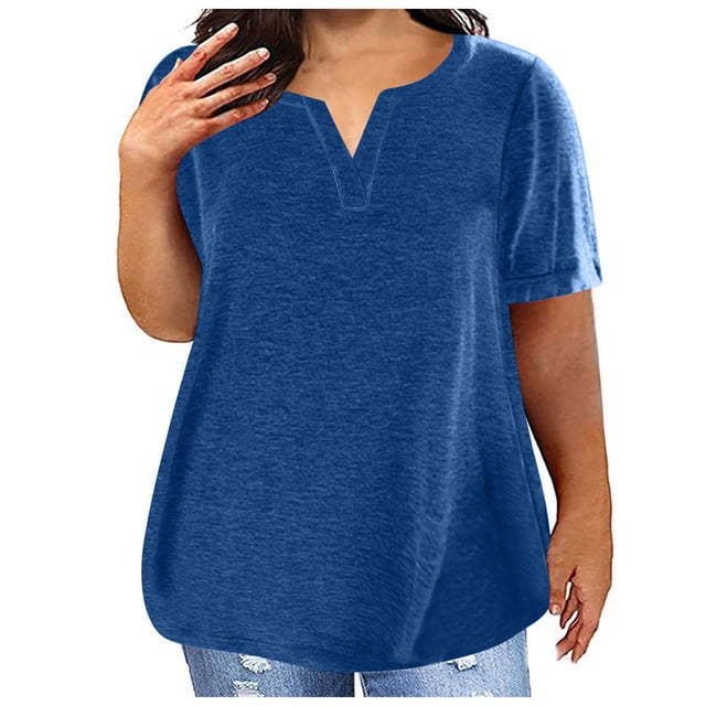 Timegard Plus Size Tops for Women V-Neck Short Sleeve Solid Color Comfy Basic Tee Casual Loose Tops