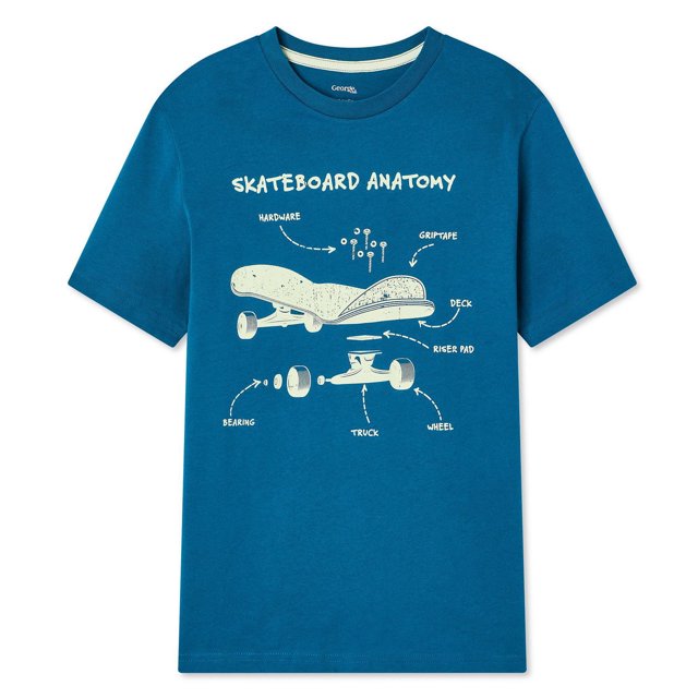 George T-shirt Graphique pour Garçons en Bleu avec une Impression Graphique à l'Avant Illustrant l'Anatomie de Planche à Roulettes et des Pièces Étiquetées Incluant Quincaillerie, Ruban Adhésif, Plateau, Coussin Rehausseur, Roulement, Camion et Roue. Fait de Tricot jersey 100 % Coton avec Encolure Ras du Cou et Manches Courtes, Convient au Port Décontracté au Quotidien.