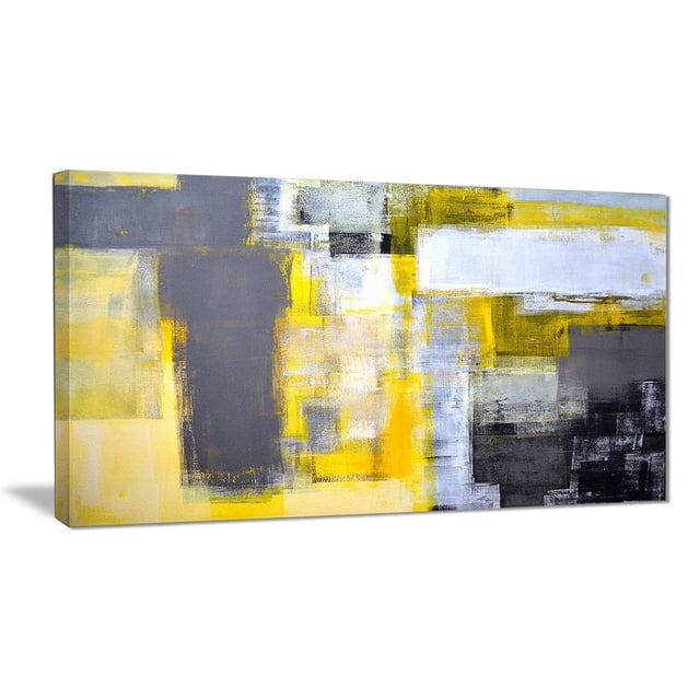 Design Art Grey And Yellow Blur Abstract Abstract Canvas Art Print on gallery wrapped cotton canvas, 40 by 20 inches, featuring blurred abstract blocks in grey, yellow, white, and black with textured brush strokes, ready to hang with included hardware, designed and made in Canada, ideal for modern home or office wall décor.