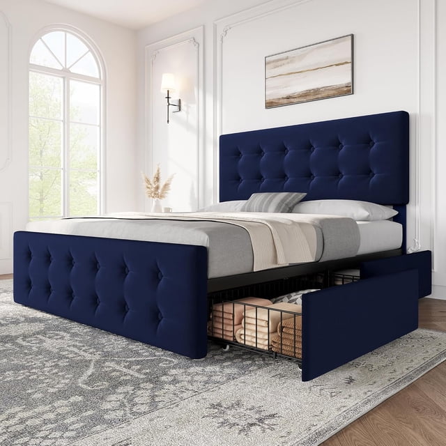 Full Size Bed Frame with 4 Storage Drawers and Headboard, Velvet Upholstered Platform Bed Frame with Wooden Slats Support, Button Tufted Design, No Box Spring Needed, Blue