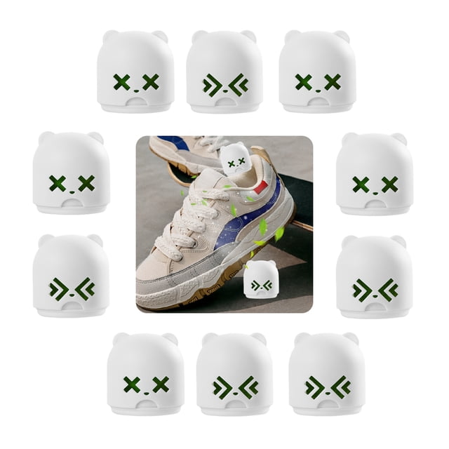 LSLJS Désodorisant pour Chaussures 1 Paquet 10 Pcs, avec Blanc, Désodorisants en Forme d'Ours avec Marquages Décoratifs Verts. Conçu pour Éliminer odors dans les Sacs de gym, Chaussures de soccer, Garde-Robes et Zones pour Animaux. Réutilisable et Fait de Charbon pour une Fraîcheur Durable. Comprend une image de Style de Vie Montrant un Désodorisant Placé à l'Intérieur d'Une Espadrille.