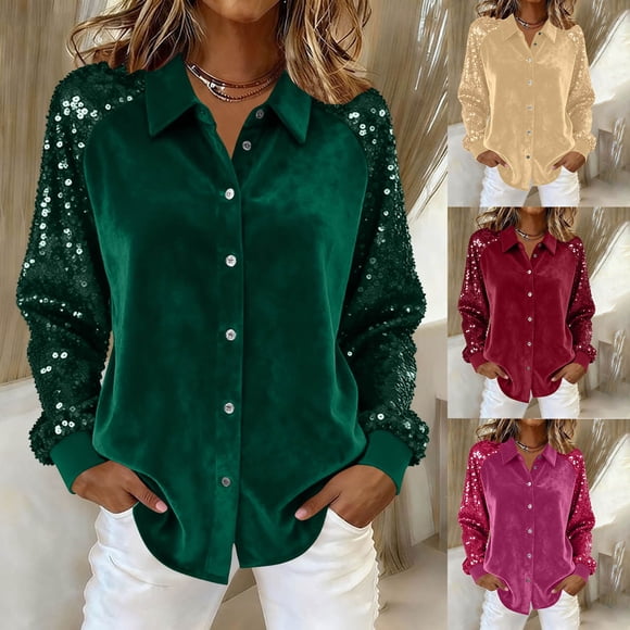 VKOYWKM Chemisiers en Velours à Boutons pour Femmes, Scintillants à Paillettes, Manches Longues, Style Vintage, Doux, Col à Revers, Col en V, Chemises en Velours pour les Fêtes
