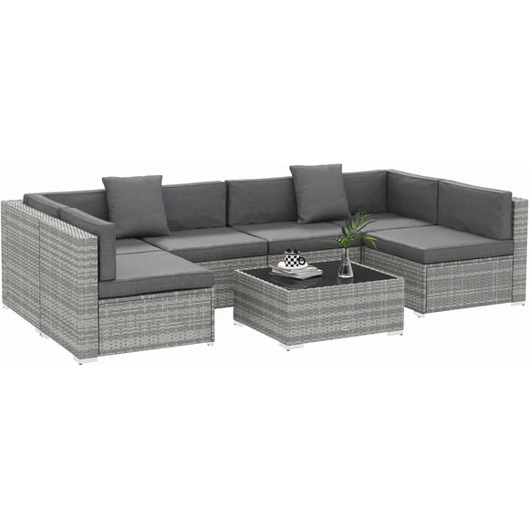 Ensemble de 7 meubles de patio, Ensemble de conversation extérieur en rotin PE avec canapé sectionnel, table en verre, coussins et oreillers pour jardin, pelouse, terrasse, gris